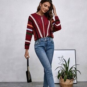 Burgundy Multi Colored Sweater EUC Size L
